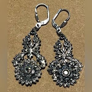 Black diamond Swarovski crystal over silver plated earrings